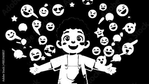 Smiling child surrounded by floating emoticon faces and stars in playful illustration.