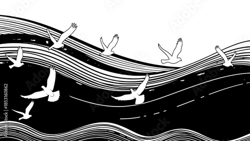 Monochrome waves with soaring birds in flight across an abstract landscape.