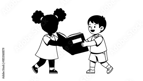 Two children exchange a gift box in a friendly cartoon illustration.