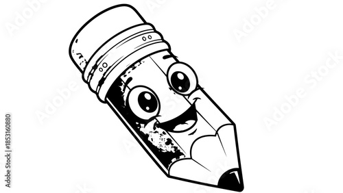 Cartoon Pencil with a Skull Head Illustration in Black and White.
