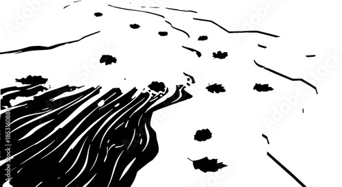 High-contrast abstract view of a stream with animal tracks in snow.