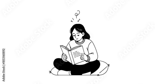 Young person sitting cross-legged and reading a book in a calm illustration.