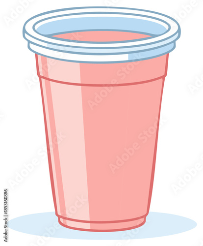 Clean minimalist cartoon style pink disposable plastic cup with light blue rim illustration graphic object
