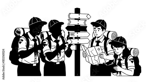 Group of hikers with backpacks studying a map on a trail during outdoor adventure.