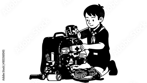 Young person operating a vintage mechanical device with gears and levers in a black and white illustration.
