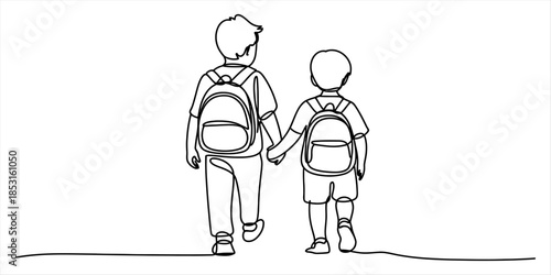 Two boys holding hands and wearing backpacks walk together, continuous line drawing Vector, illustration
