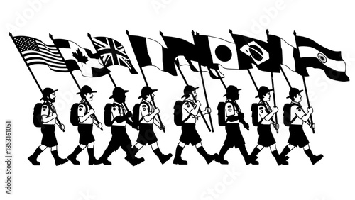 Black and white illustration of marching band and flag bearers in a coordinated parade.