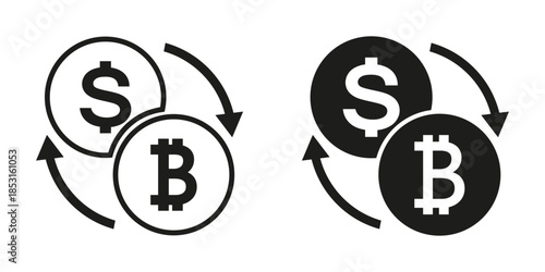 Bitcoin money exchange icon. Bitcoin currency exchange symbol. Dollar to bitcoin conversion icon set. Cryptocurrency, money conversion or currency exchange concept. Vector illustration