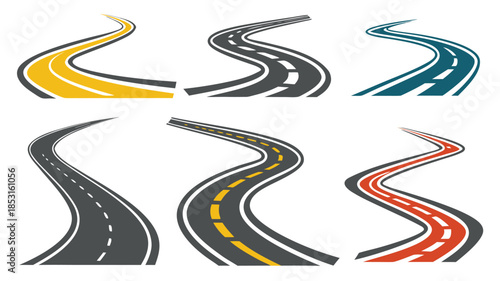 Vector illustration collection of colorful road curves and turns