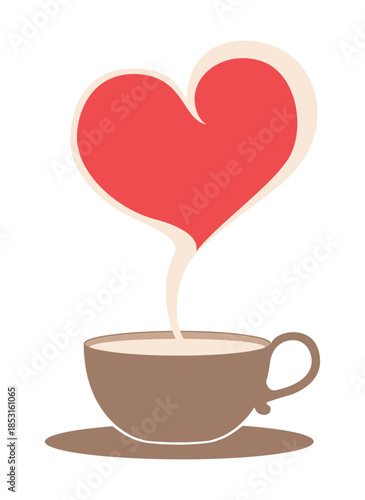 Cartoon coffee cup with heart steam. Coffee cup with heart shaped steam graphic design element. Can be used as a sign of romance on Valentine's Day. Vector illustration