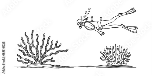 A black and white line art illustration of a scuba diver exploring two coral formations Vector, illustration