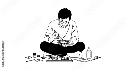 Man crafting beads and jewelry in a simple line drawing scene showcasing hobbyist creativity.