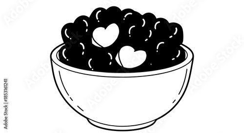 A bowl of cherries with glossy dark fruit and heart accents.