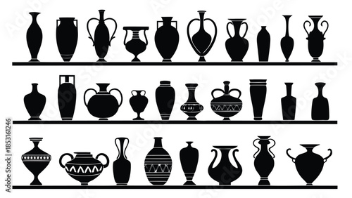 Vector illustration black silhouettes of various ancient greek vases on shelves
