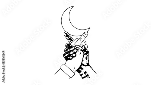 Illustration of a hand gripping a curved dagger beneath a crescent moon emblem.