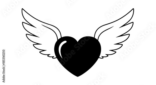 Stylized black heart with white angel wings, symbolic love and freedom emblem.