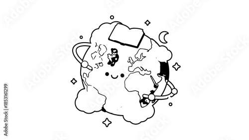 Playful globe illustration surrounded by clouds and stars in motion.