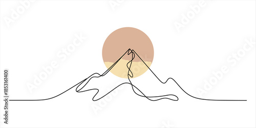 Minimalist line art of a mountain range with a rising sun Vector, illustration