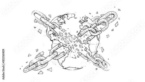 Illustration of intersecting airplanes breaking through splash patterns with dynamic symmetry.