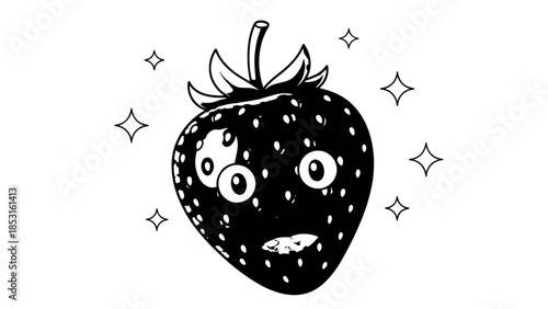 Playful illustrated strawberry with a cheeky face and twinkling stars.
