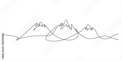 Minimalist single line drawing of three mountain peaks Vector, illustration