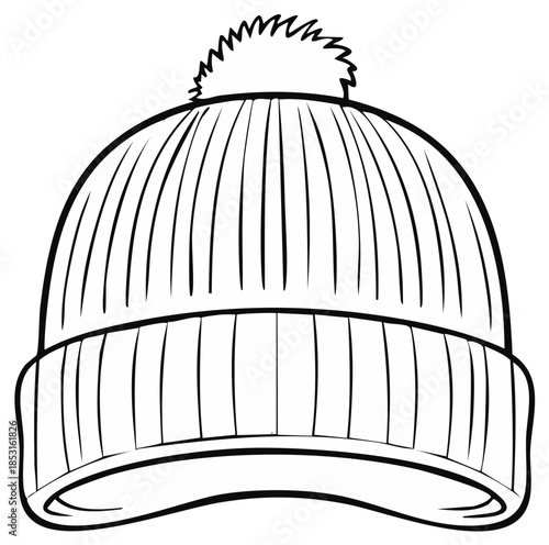 Line art illustration of a cozy winter knit hat with a pompom for a coloring book page