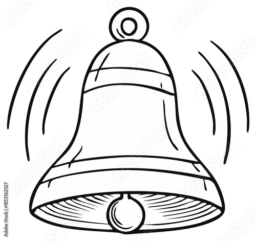 Drawing of a ringing bell, sound waves emanating from the bell, simple outline illustration