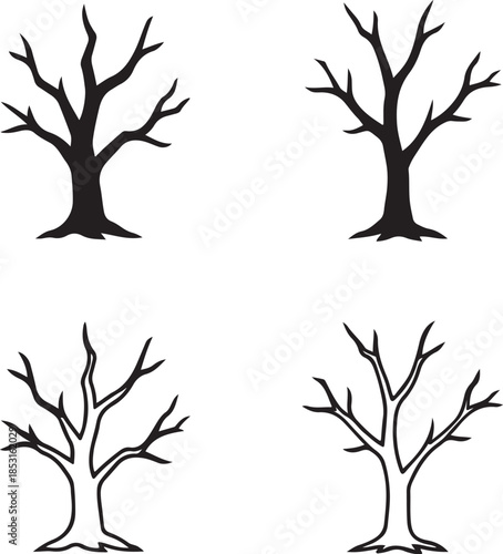Isolated Dead Tree Silhouette Icons, Dead Tree Black Minimal Vector Icons, Broken Branches Dry Tree Form Minimal Winter Scene Clean Vector, Clean Modern App Web Design Icons