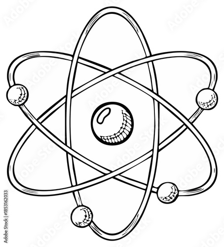 Atom illustration depicting protons neutrons and electrons orbiting nucleus in science concept drawing isolated on white