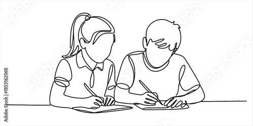 Two students diligently studying and writing in a continuous line art style Vector, illustration