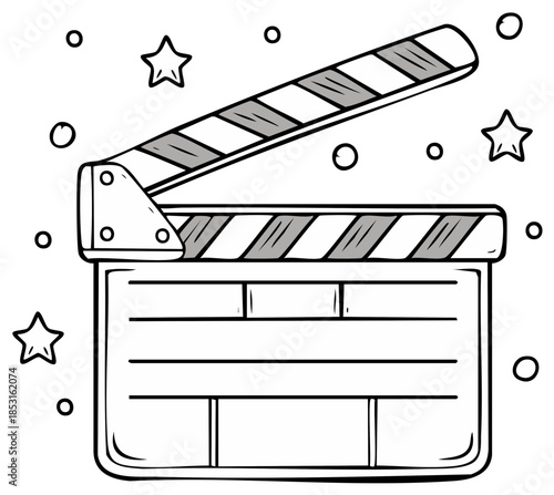 Classic Clapperboard open for filming action with stars and circles