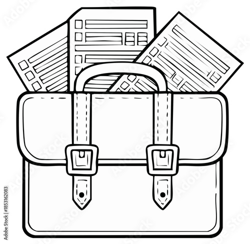Classic business briefcase overflowing with official documents, forms, and administrative paperwork illustration