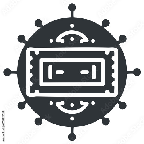 Dark virus cell illustration with a rectangular perforated ticket or microchip inside