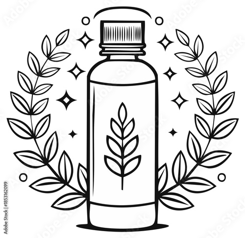 Botanical Elixir Bottle Framed by Leafy Wreath Embellished with Sparkling Star Accents in Clean Outline Style
