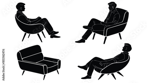 Vector illustration four black and white illustrations of people sitting on chairs