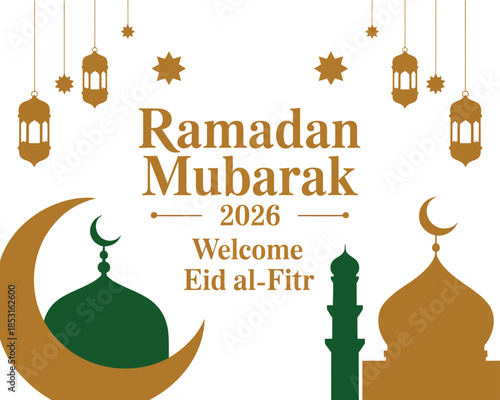 Ramadan Mubarak 2026 Welcome Eid al-Fitr Celebration Crescent Moon