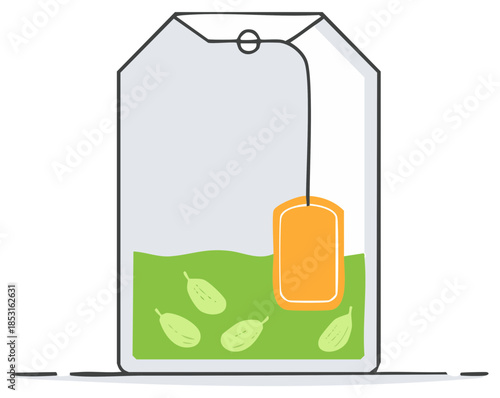 Cardamom Tea Bag Infusing with Green Liquid and Flavorful Spice Pods Illustration