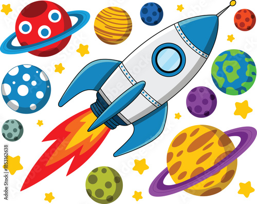 Illustrated space rocket flying past colorful planets and shining stars