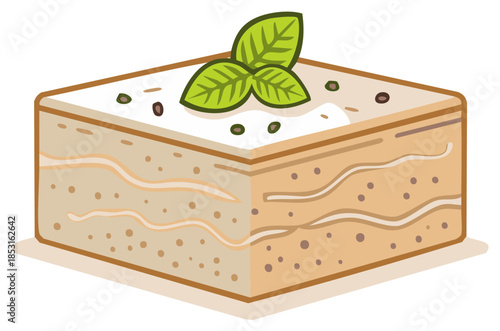 Cartoon Baklava with Leaves and Cream Topping on Top, Sweet Pastry