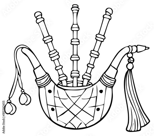 Outlined Illustration of a Bagpipe Instrument with Ornament Details