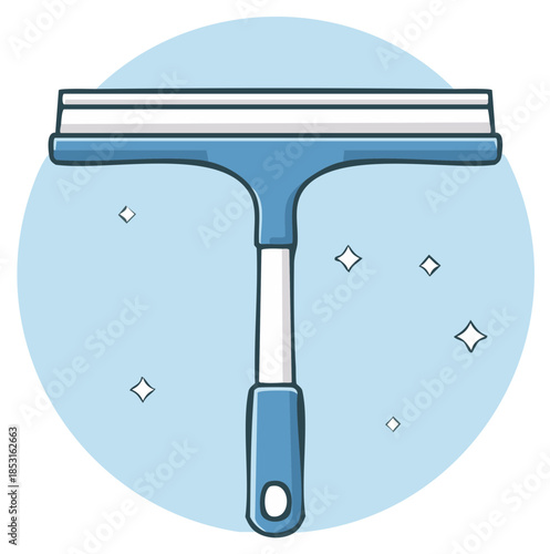 Window squeegee graphic illustration tool for washing surfaces and cleaning with handle, blue color cartoon style on blue backdrop