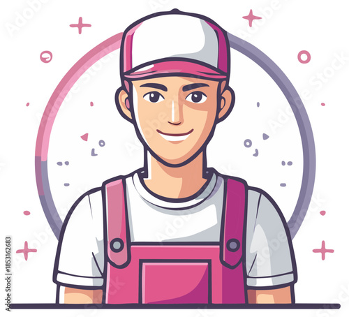 Smiling cartoon man wearing cap and overalls in a pink and purple design