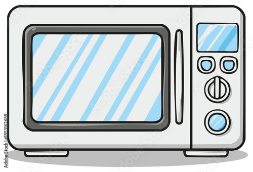 Cartoon style illustration of a kitchen microwave appliance with digital display and buttons