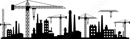 Black Industrial Silhouette Set Featuring Construction Cranes Factories and Chimneys Isolated on White Background for Urban Development and Engineering Vector Design (21 words)