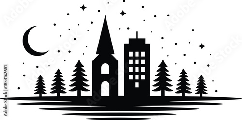 Elegant City Silhouette at Night with Church, Tall Buildings, and Evergreen Trees