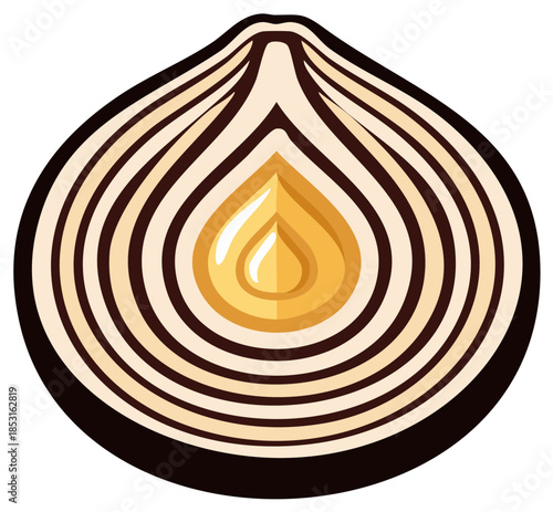 Graphic illustration of an onion in cross section with a golden drop of oil