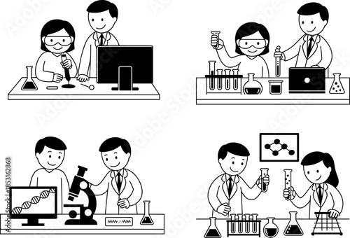 Scientists Working in Science Laboratory with Microscope Test Tubes and DNA Analysis for Research Medical Technology Education and Healthcare Professional Designs