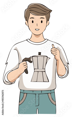 Smiling man wearing shirt with coffee maker print, thumbs up gesture