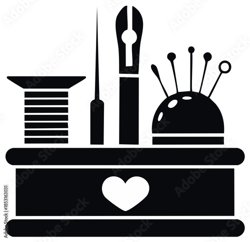 Sewing tools with heart shaped drawer silhouette illustration