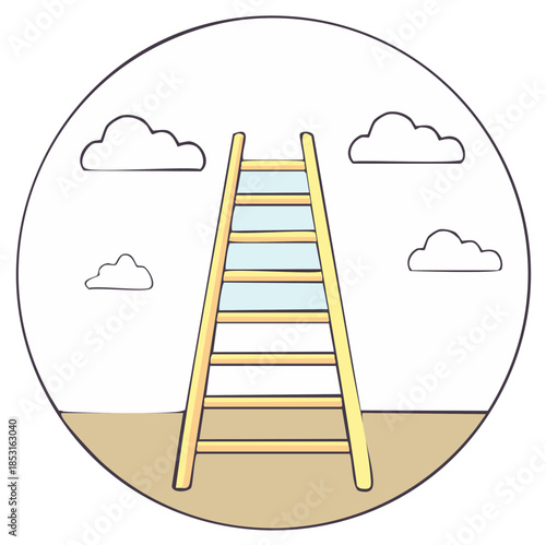 Cartoon ladder reaching towards clouds inside a circle, representing growth and aspiration